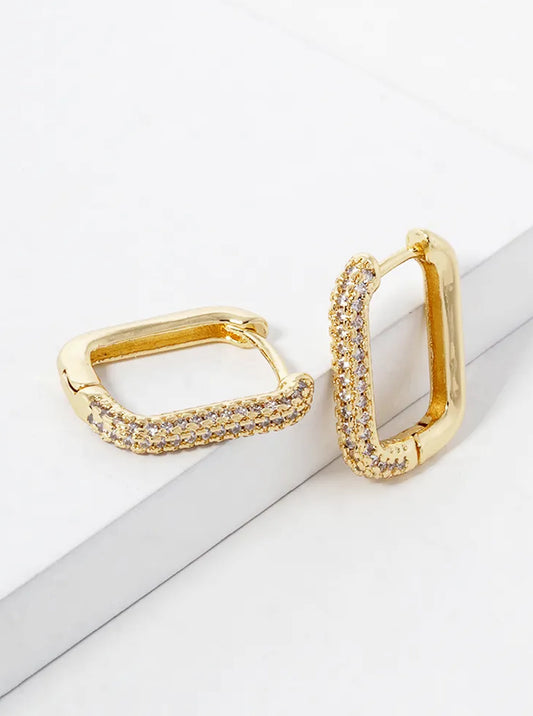 14K Gold Dipped CZ Pave Rectangle Huggie Hoop Earrings