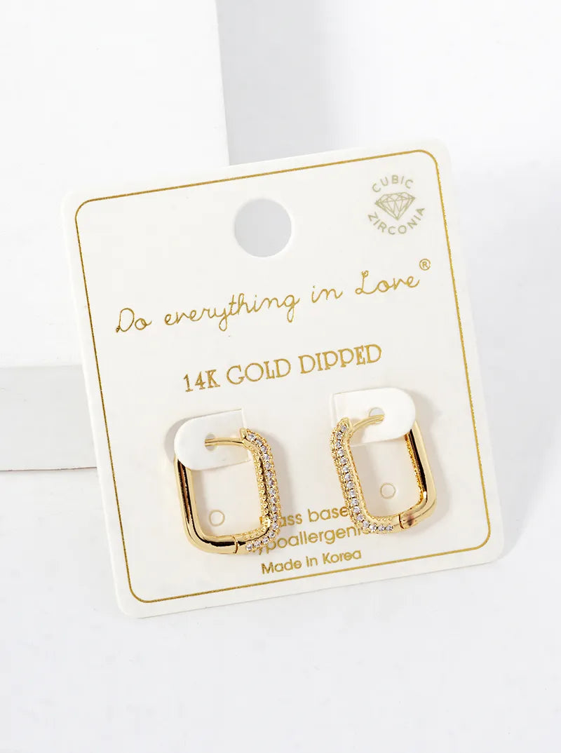 14K Gold Dipped CZ Pave Rectangle Huggie Hoop Earrings