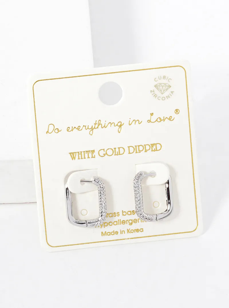 14K Gold Dipped CZ Pave Rectangle Huggie Hoop Earrings