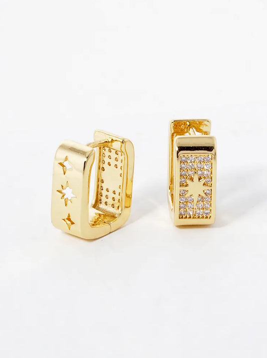14K Gold Dipped CZ Pave Sunburst 14mm Huggie Hoop Earrings