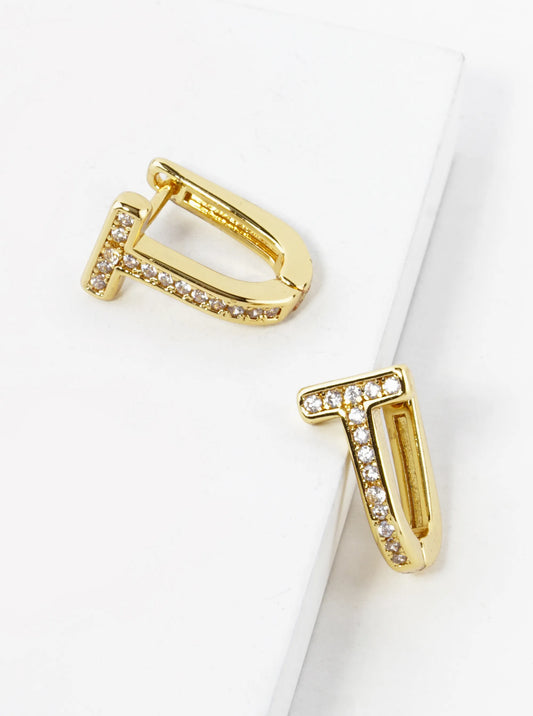 14K Gold Dipped CZ Pave T Shape Huggie Hoop Earrings