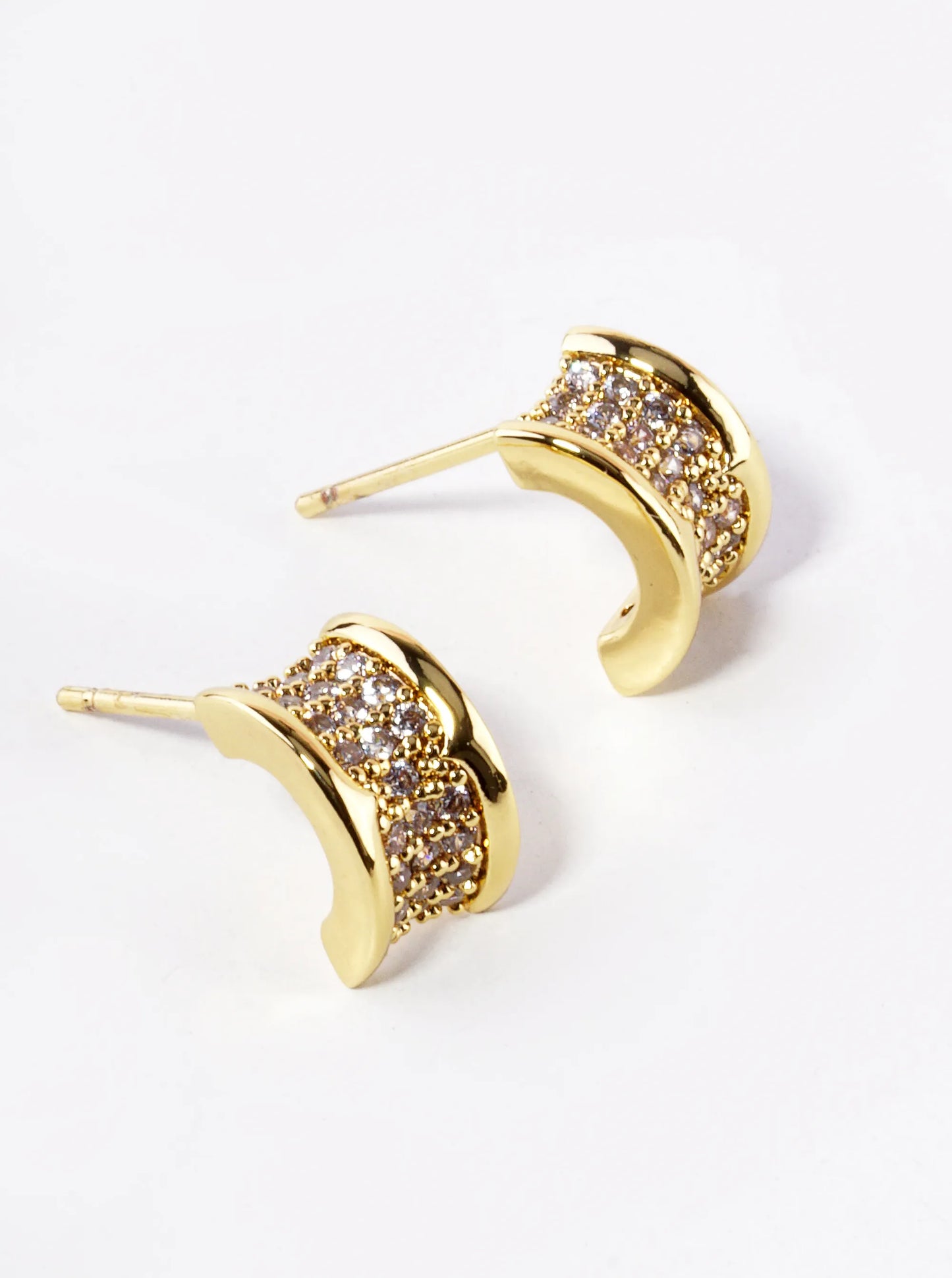 14K Gold Dipped CZ Pave Tiny Half Circle Stud Earrings