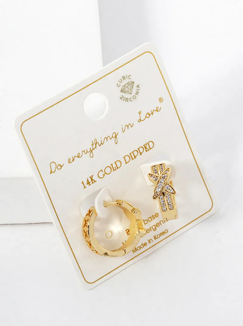 14K Gold Dipped CZ Pave X Shape 15mm Huggie Hoop Earrings