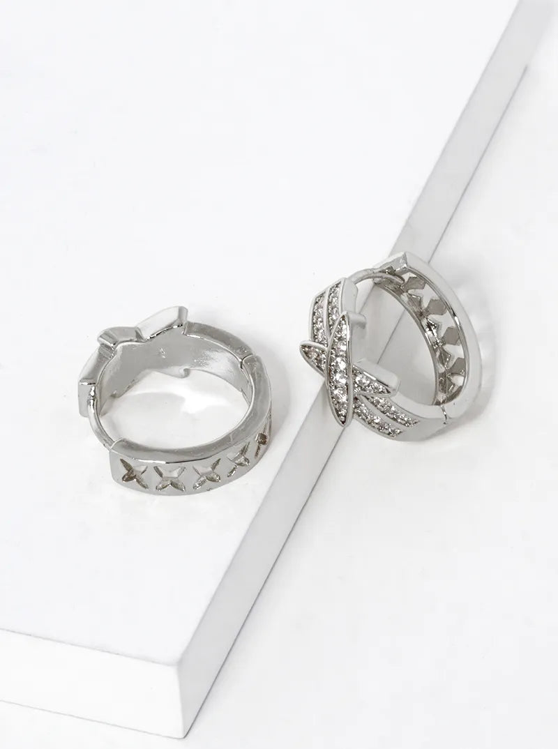 14K Gold Dipped CZ Pave X Shape 15mm Huggie Hoop Earrings