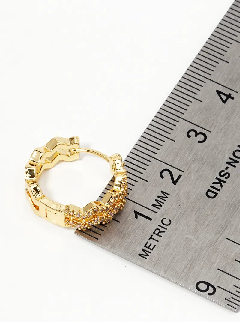 14K Gold Dipped CZ Pave Zig Zag 15mm Huggie Hoop Earrings