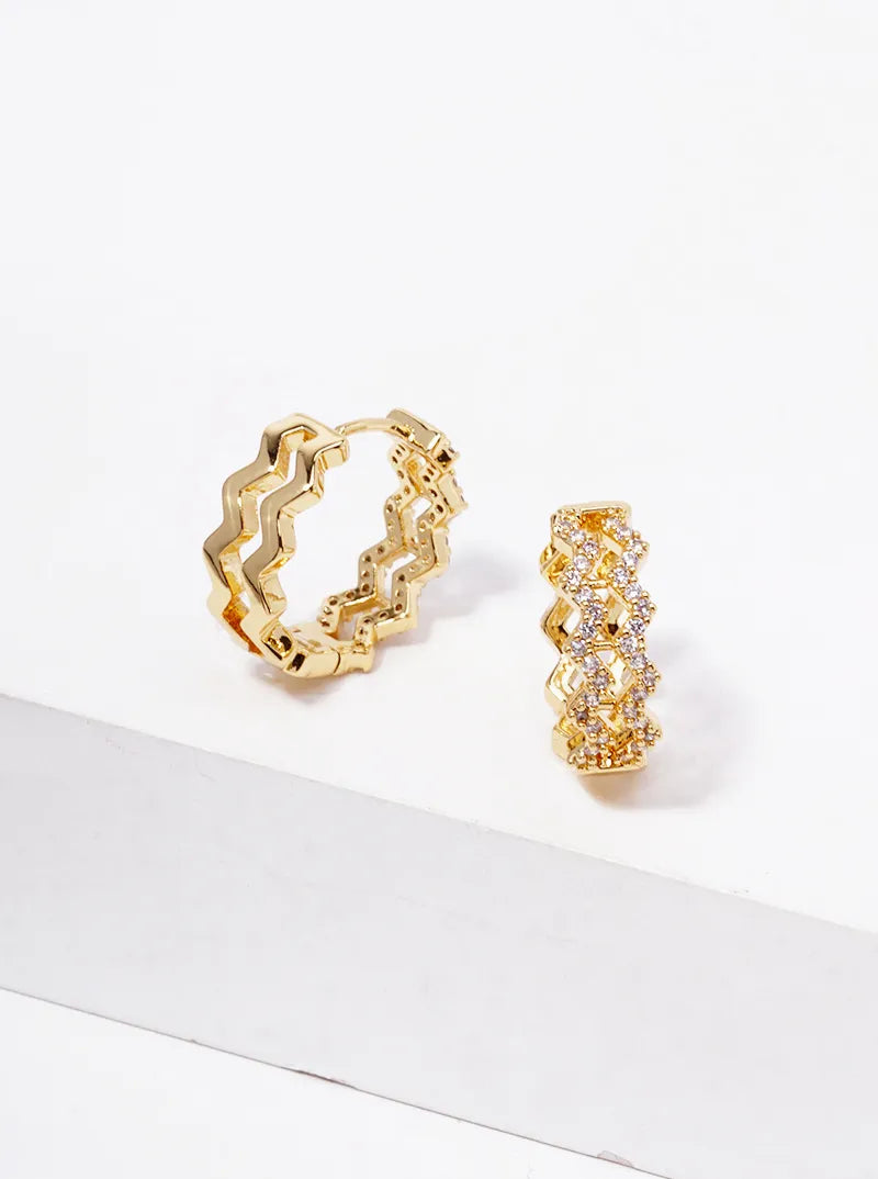 14K Gold Dipped CZ Pave Zig Zag 15mm Huggie Hoop Earrings