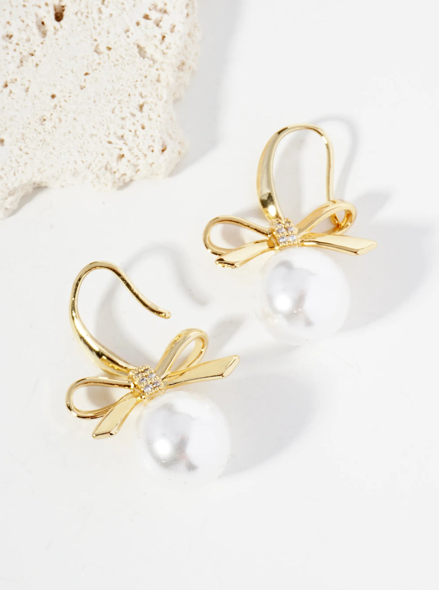 14K Gold Dipped CZ Pearl Bow Ribbon Drop Dangle Earrings