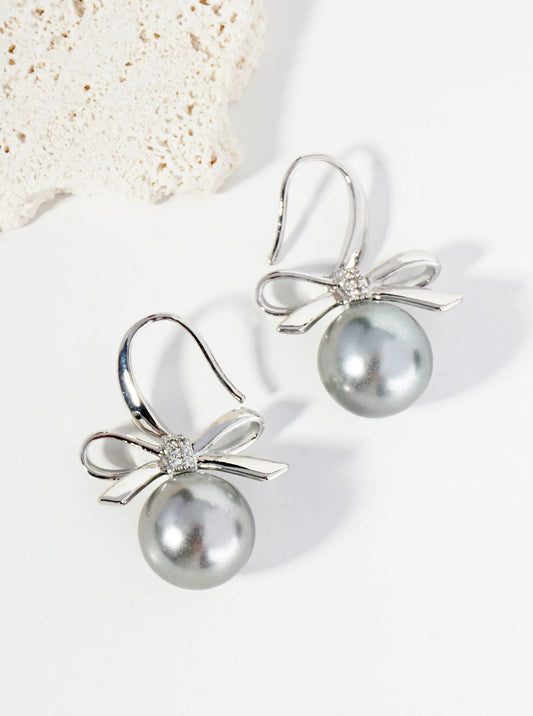 14K Gold Dipped CZ Pearl Bow Ribbon Drop Dangle Earrings