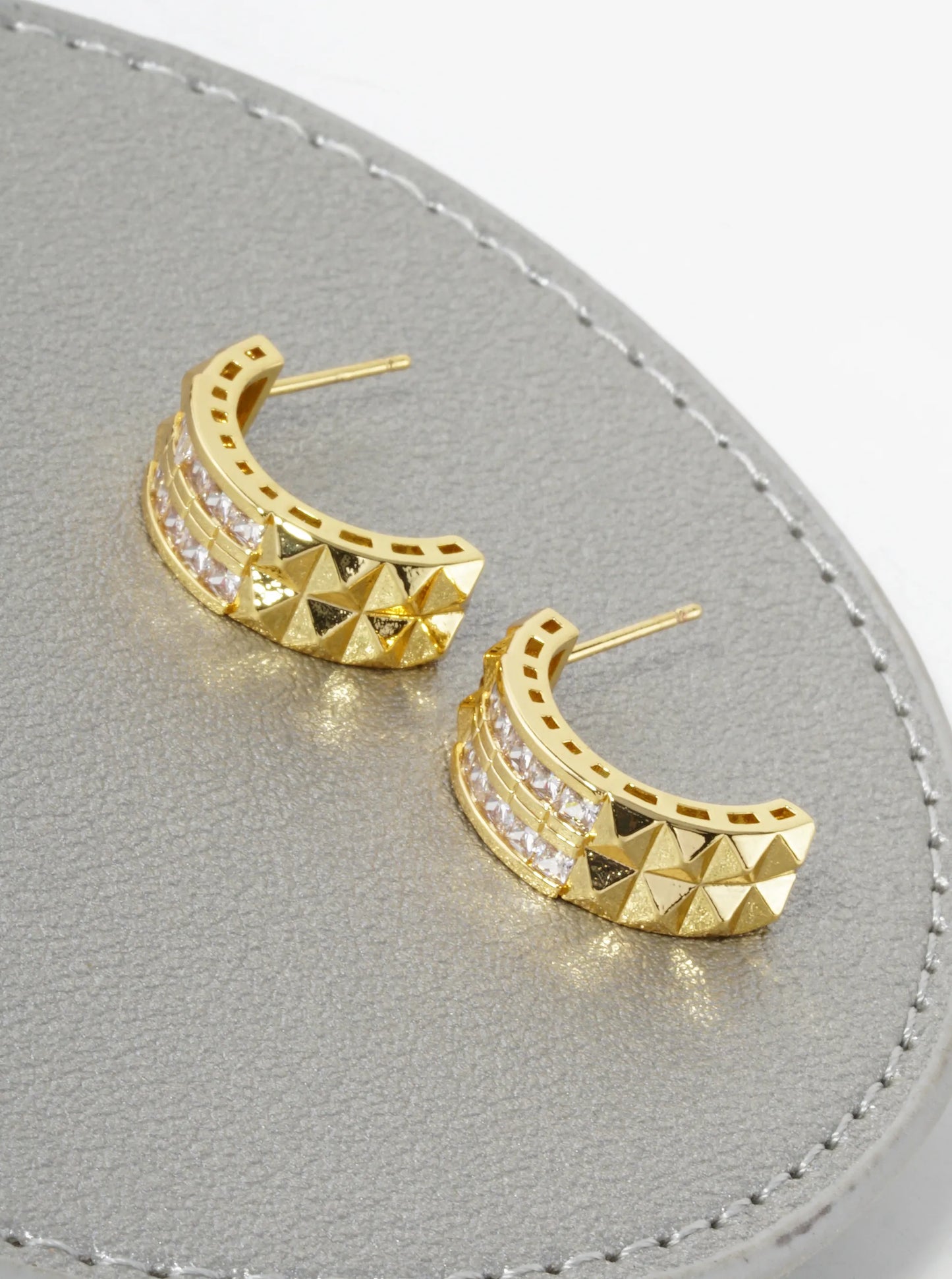 14K Gold Dipped Cubic Zirconia 17mm Half Circle Studded Open Hoop Earrings