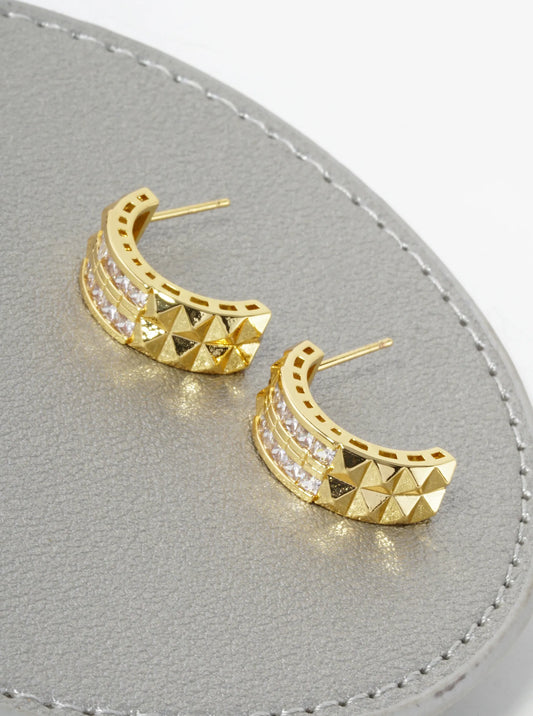 14K Gold Dipped Cubic Zirconia 17mm Half Circle Studded Open Hoop Earrings