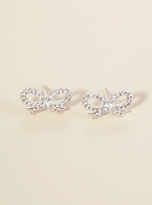 14K Gold Dipped Cubic Zirconia Pave Ribbon Bow Stud Earrings