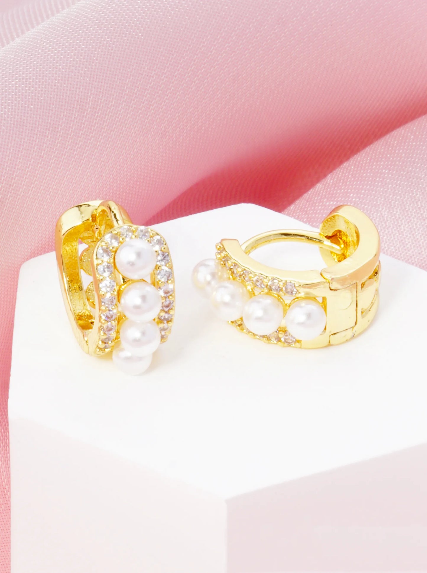 14K Gold Dipped Cubic Zirconia Pearl Beaded 10mm Huggie Hoop Earrings