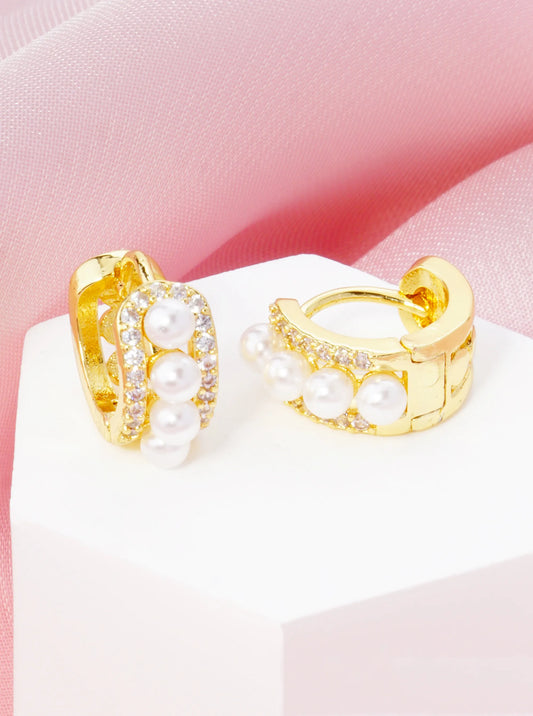14K Gold Dipped Cubic Zirconia Pearl Beaded 10mm Huggie Hoop Earrings