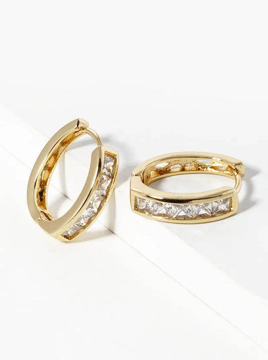 14K Gold Dipped Delicate CZ Pave Oval Shape Huggie Hoop Earrings