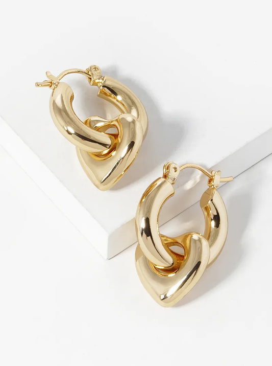 14K Gold Dipped Heart Drop 18mm Hold Latch Back Hoop Earrings