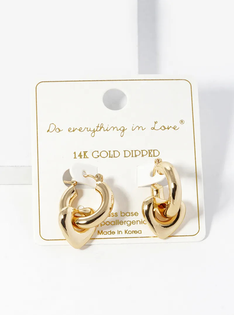 14K Gold Dipped Heart Drop 18mm Hold Latch Back Hoop Earrings
