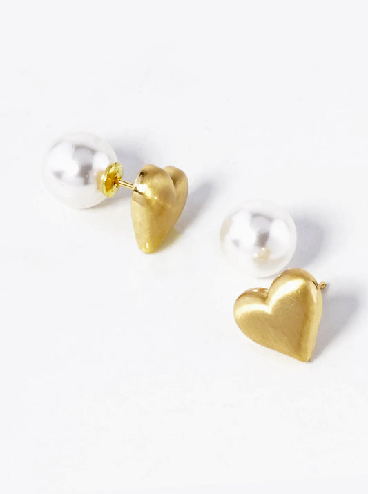14K Gold Dipped Heart Pearl Two Sided Stud Earrings