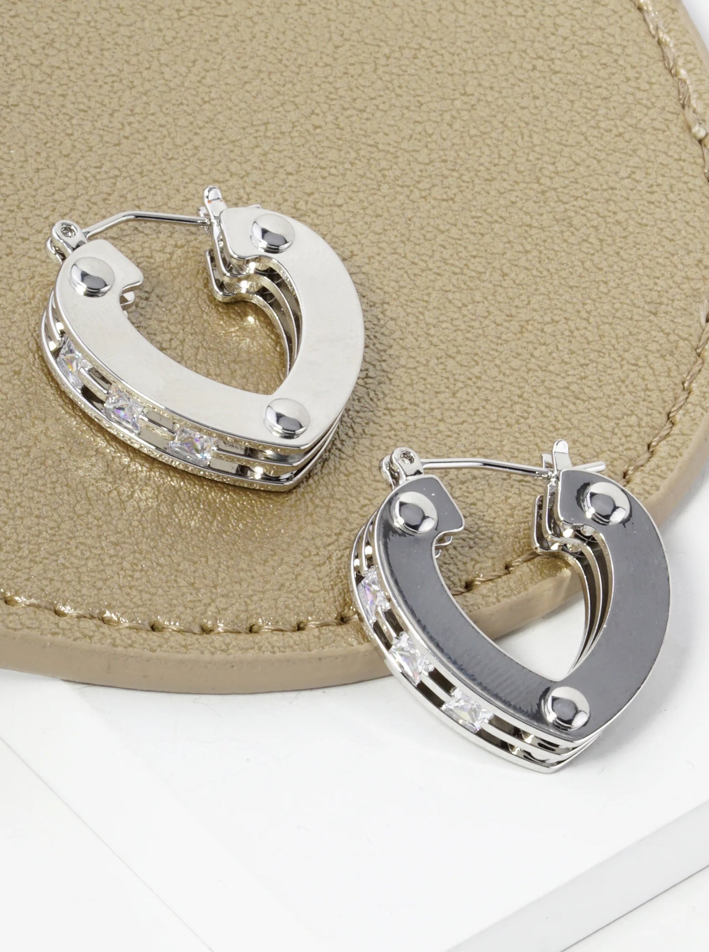 14K Gold Dipped Heart Shape Cubic Zirconia Latch Back Hoop Earrings