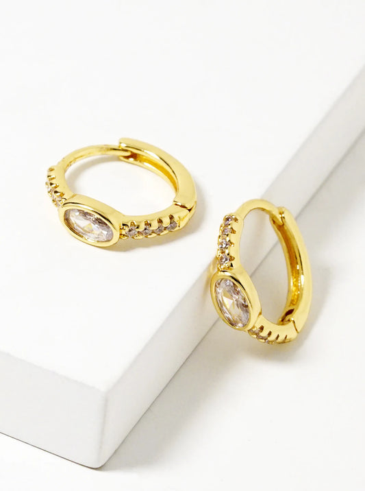 14K Gold Dipped Oval Shape CZ Textured Brass Huggie Hoop Earrings