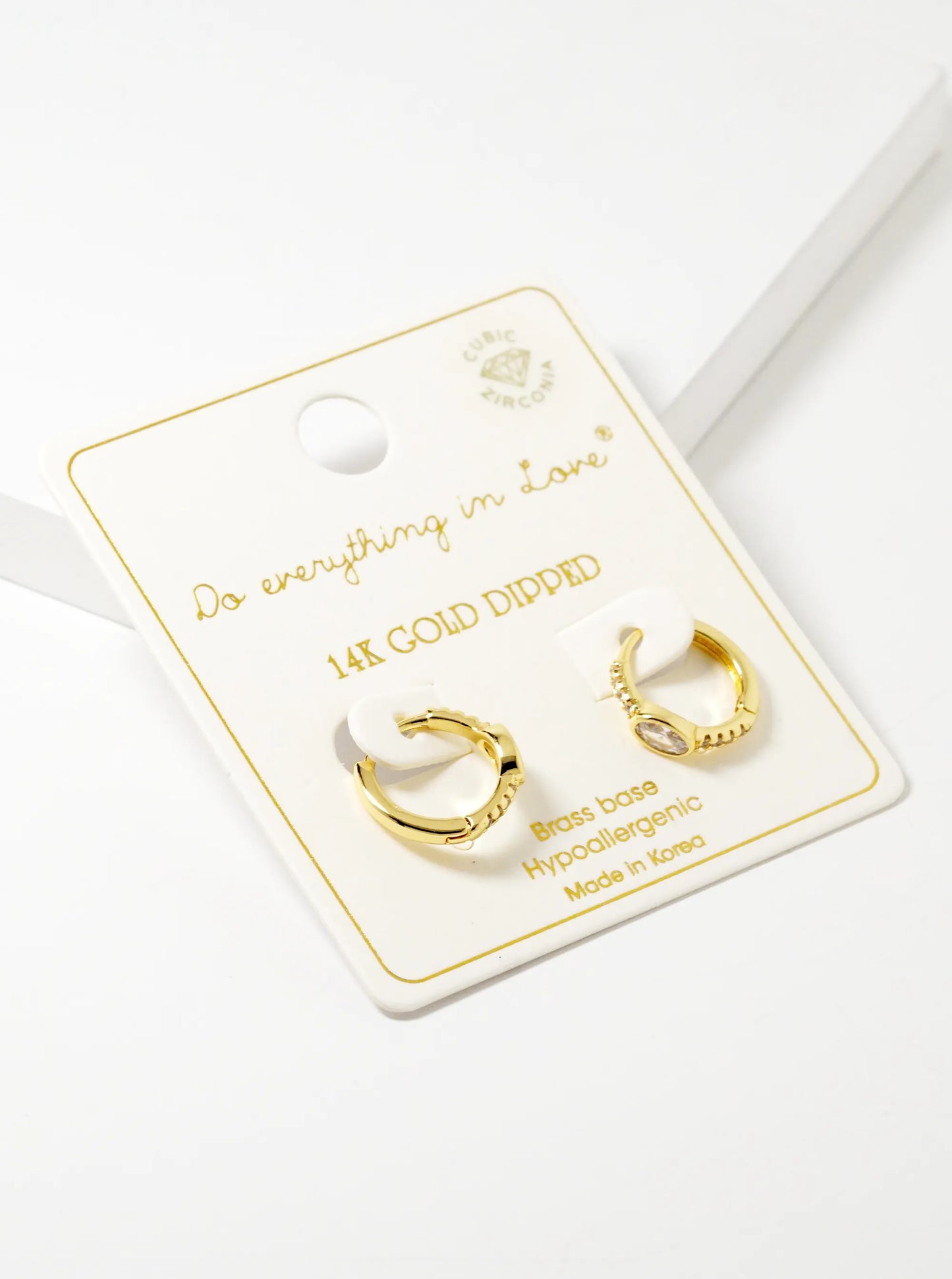 14K Gold Dipped Oval Shape CZ Textured Brass Huggie Hoop Earrings
