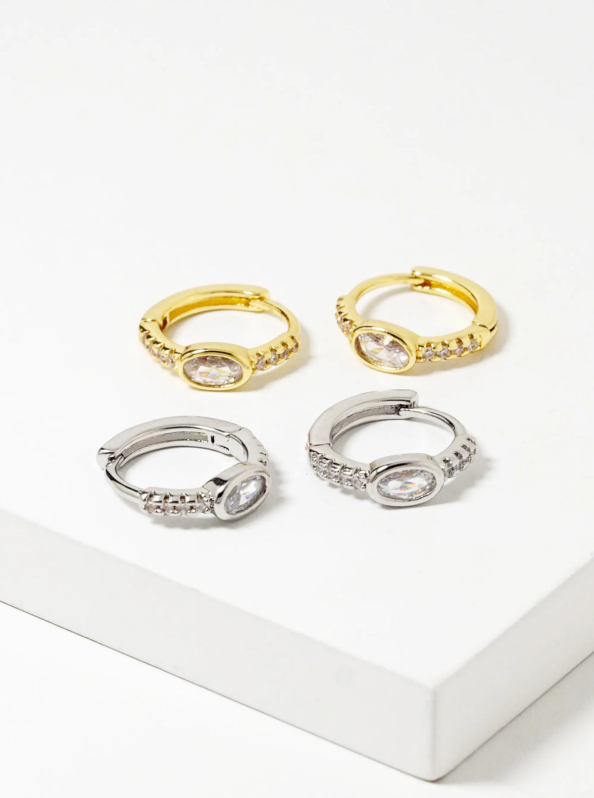 14K Gold Dipped Oval Shape CZ Textured Brass Huggie Hoop Earrings