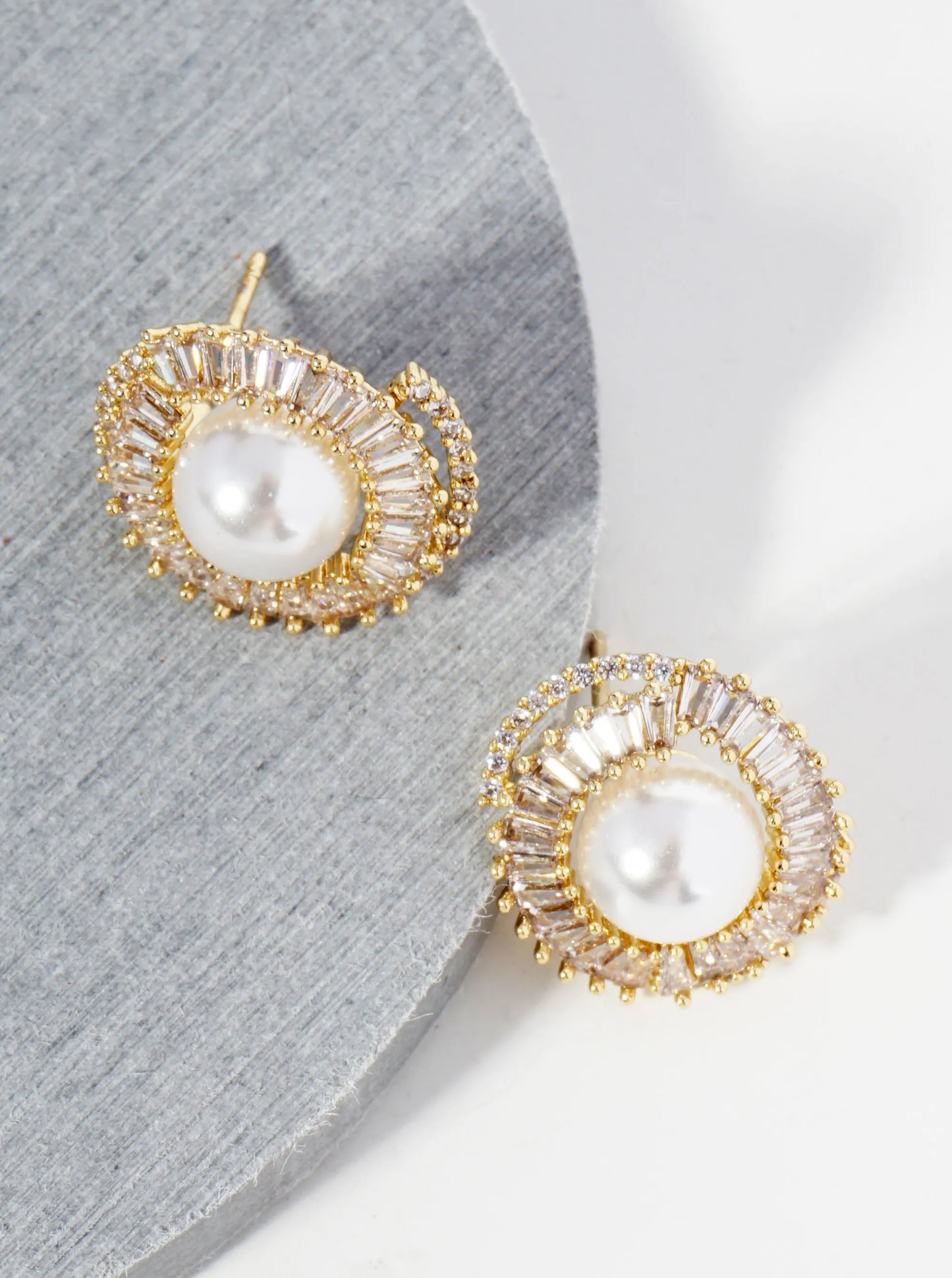 14K Gold Dipped Overlapped Cubic Zirconia Pearl Stud Earrings