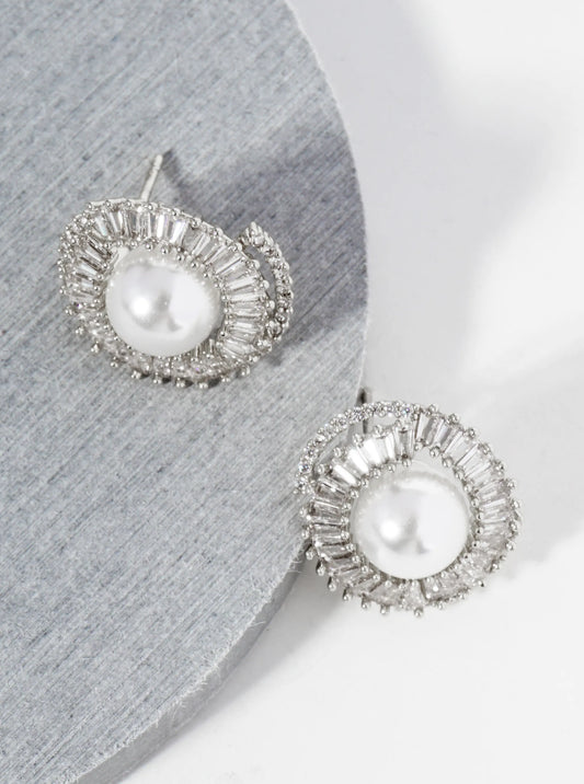 14K Gold Dipped Overlapped Cubic Zirconia Pearl Stud Earrings