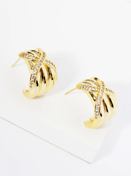 14K Gold Dipped Pave Set CZ Crossover 20mm Bold Hoop Earrings