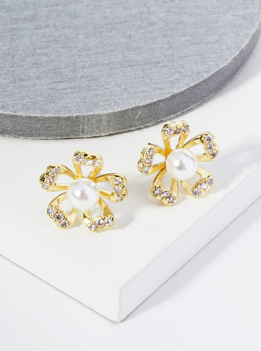 14K Gold Dipped Pave Set CZ Pearl Flower Stud Earrings