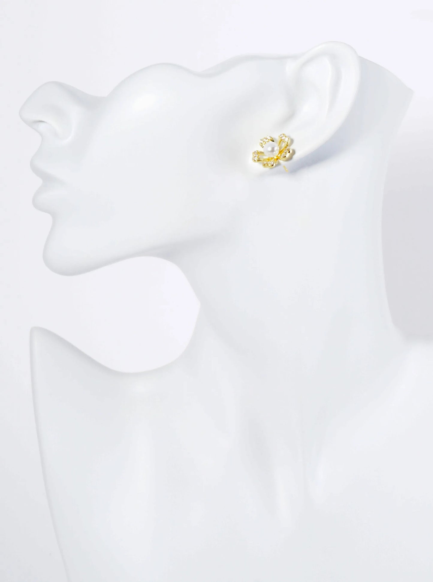 14K Gold Dipped Pave Set CZ Pearl Flower Stud Earrings
