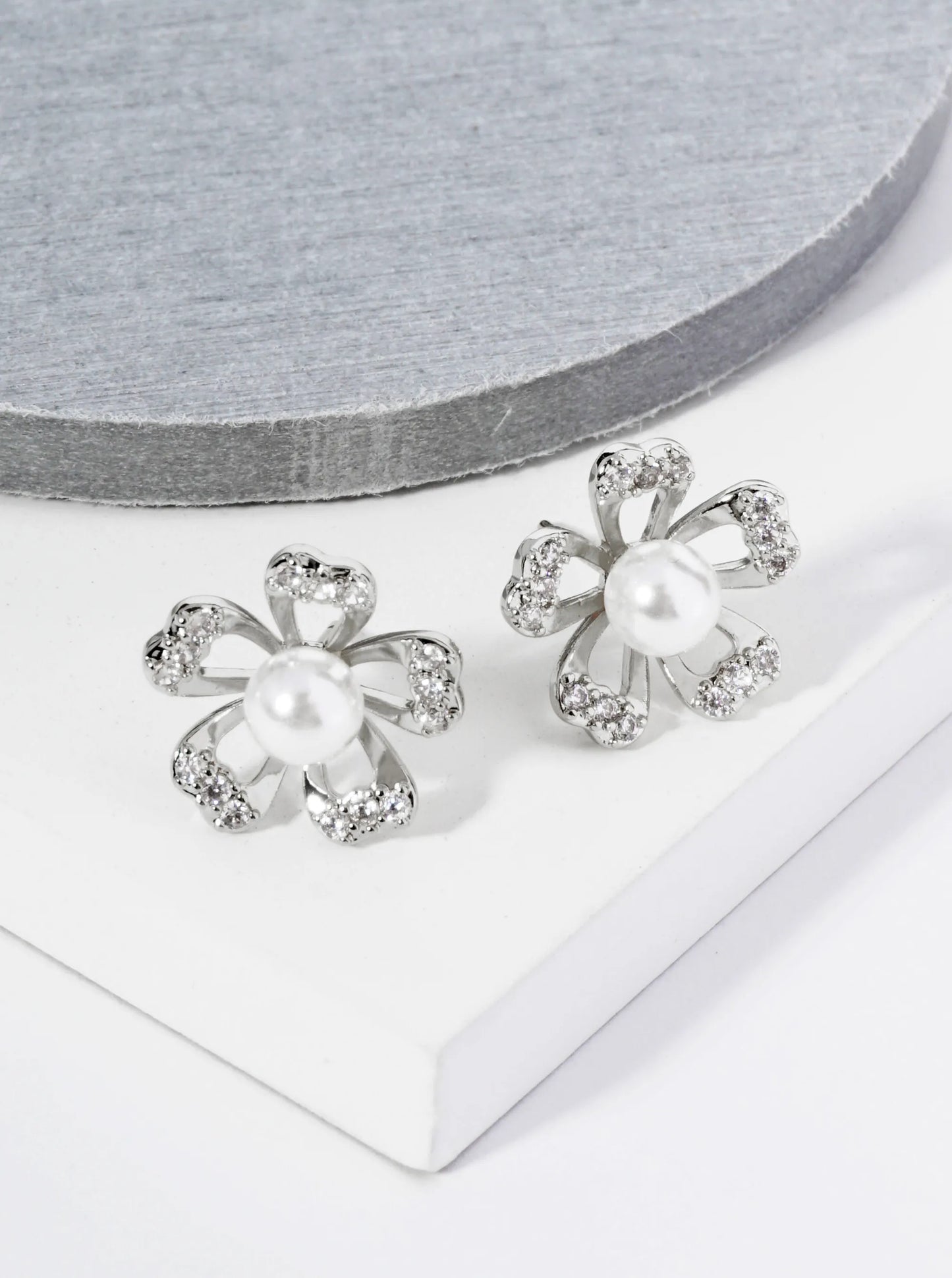 14K Gold Dipped Pave Set CZ Pearl Flower Stud Earrings
