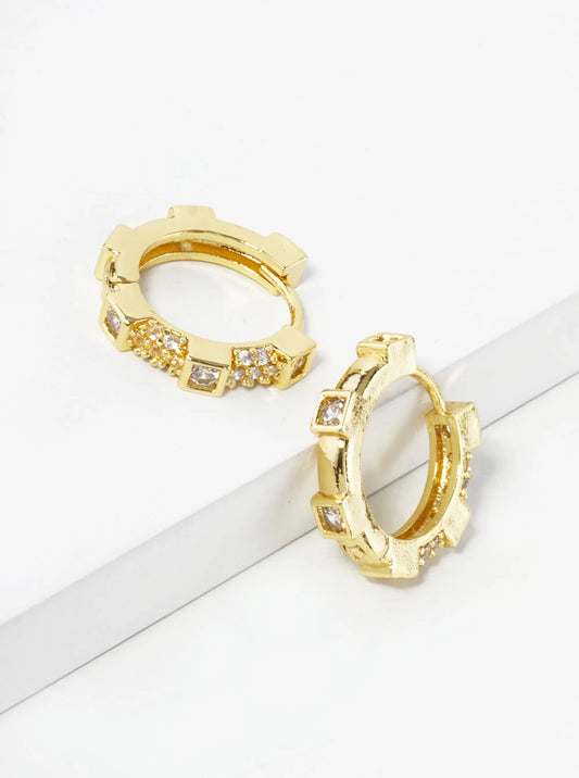 14K Gold Dipped Pave Set Cubic Zirconia 12mm Gear Huggie Hoop Earrings