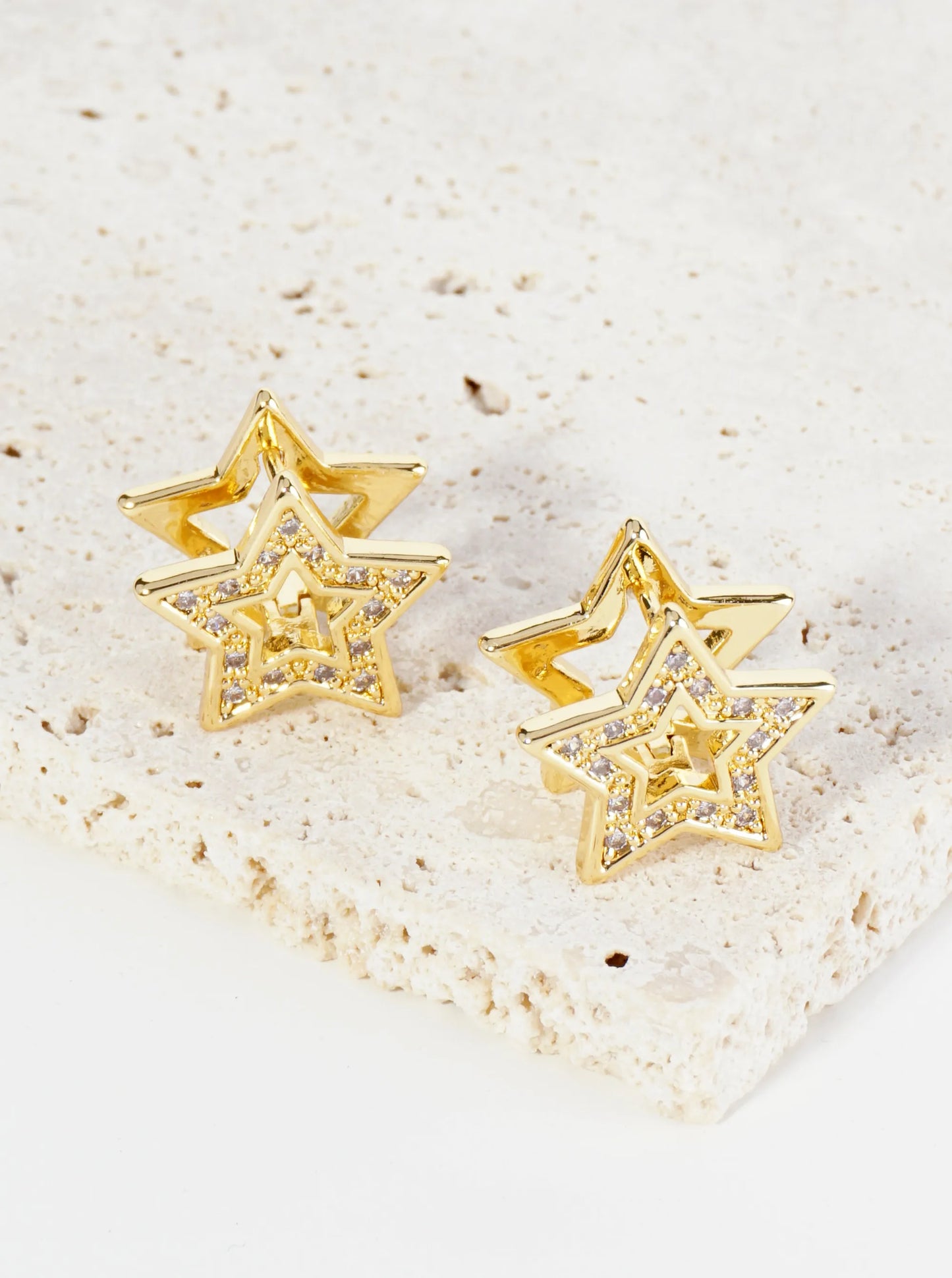 14K Gold Dipped Pave Set Cubic Zirconia 15mm Star Huggie Earrings