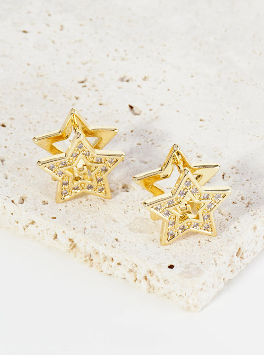 14K Gold Dipped Pave Set Cubic Zirconia 15mm Star Huggie Earrings