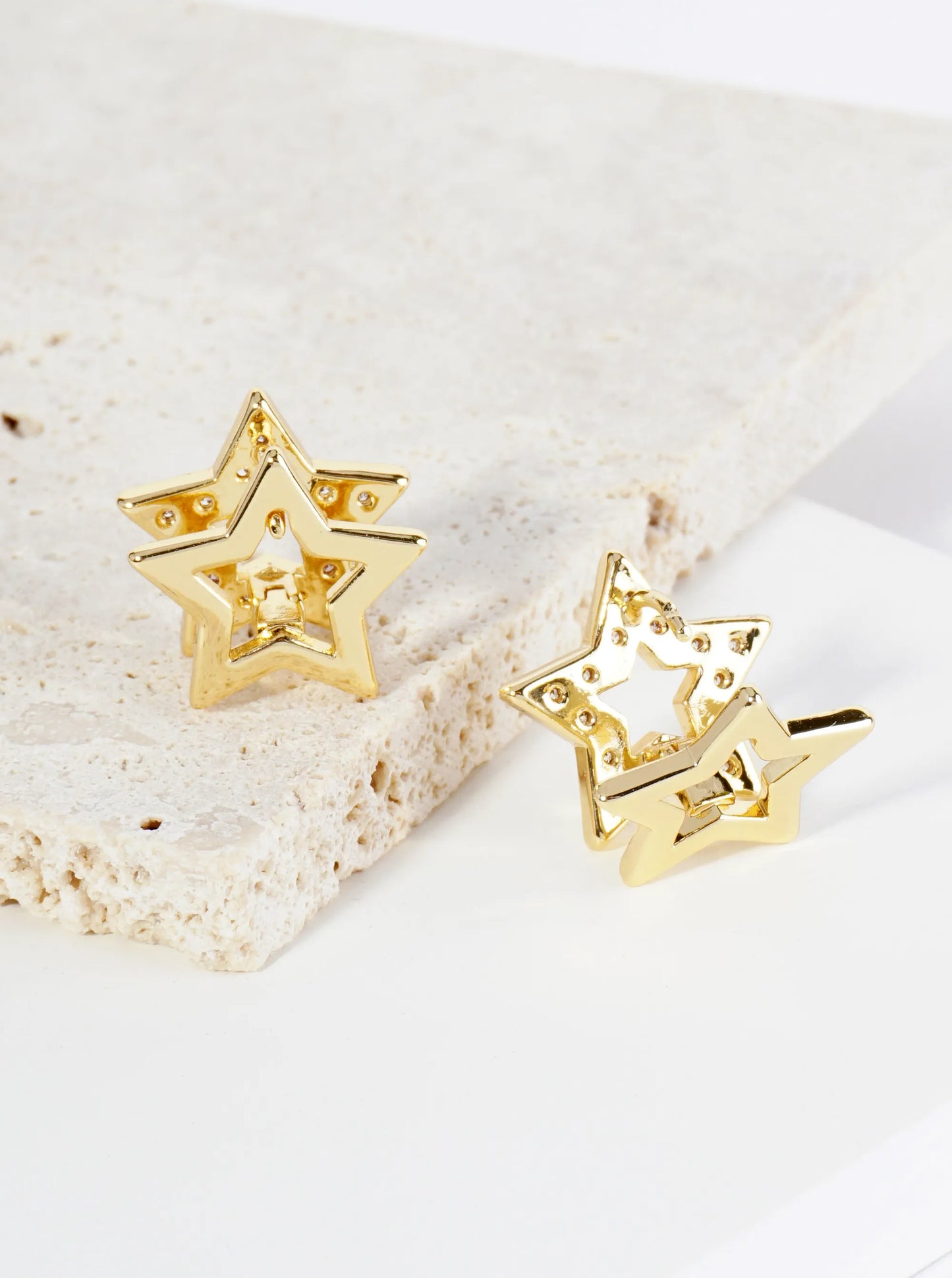 14K Gold Dipped Pave Set Cubic Zirconia 15mm Star Huggie Earrings