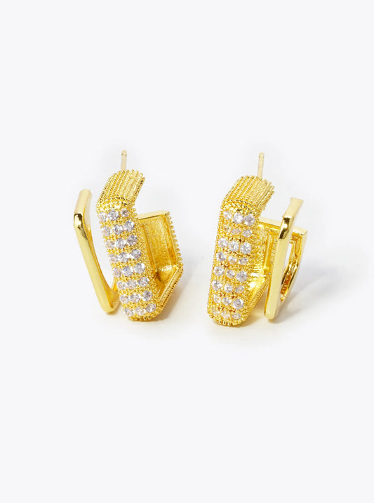 14K Gold Dipped Pave Set Cubic Zirconia 17mm Square Double Hoop Earrings