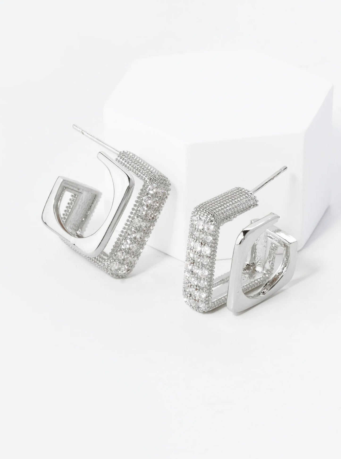 14K Gold Dipped Pave Set Cubic Zirconia 17mm Square Double Hoop Earrings