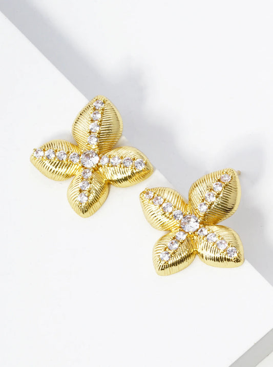 14K Gold Dipped Pave Set Cubic Zirconia Flower Stud Earrings