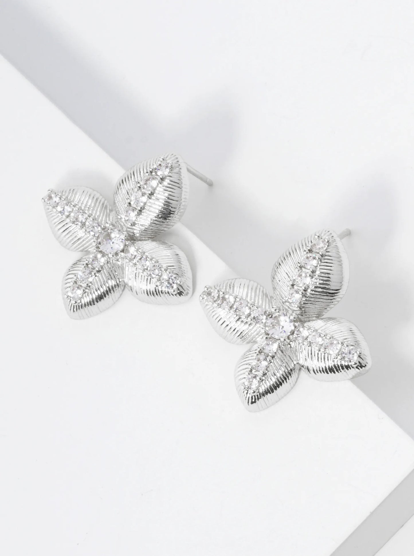 14K Gold Dipped Pave Set Cubic Zirconia Flower Stud Earrings