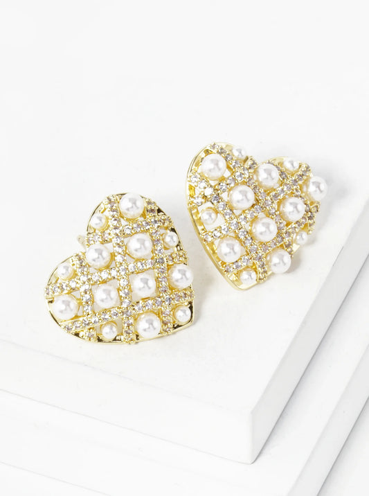 14K Gold Dipped Pave Set Cubic Zirconia Pearl Beaded Heart Stud Earrings