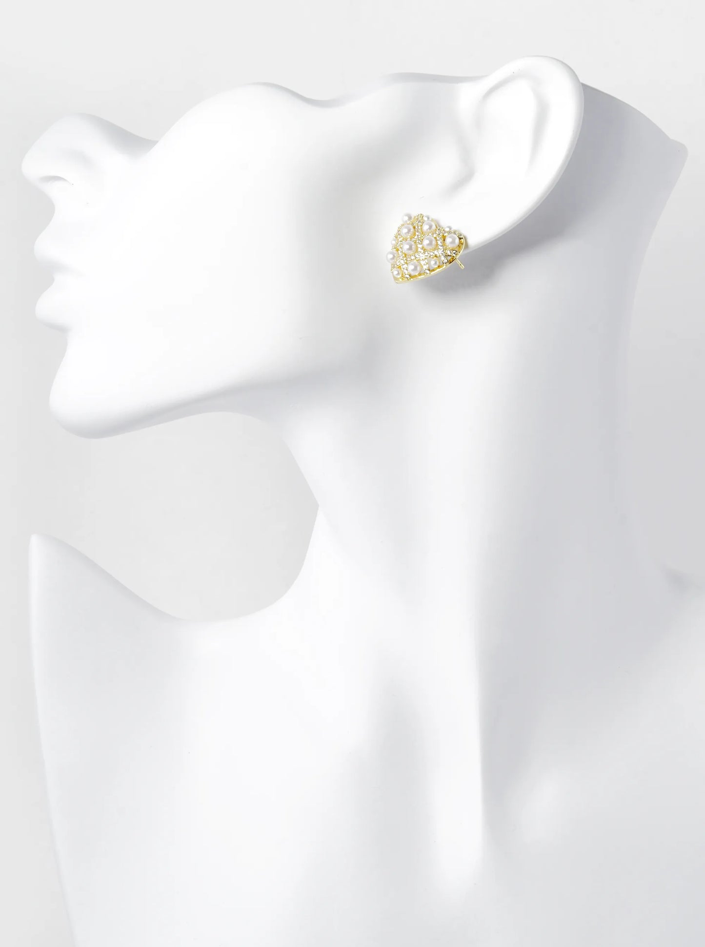 14K Gold Dipped Pave Set Cubic Zirconia Pearl Beaded Heart Stud Earrings
