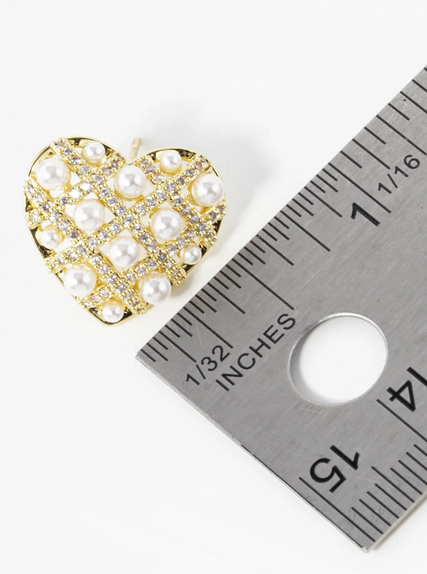 14K Gold Dipped Pave Set Cubic Zirconia Pearl Beaded Heart Stud Earrings