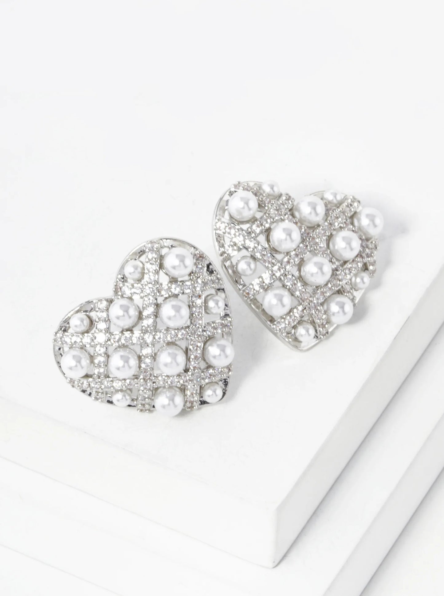 14K Gold Dipped Pave Set Cubic Zirconia Pearl Beaded Heart Stud Earrings