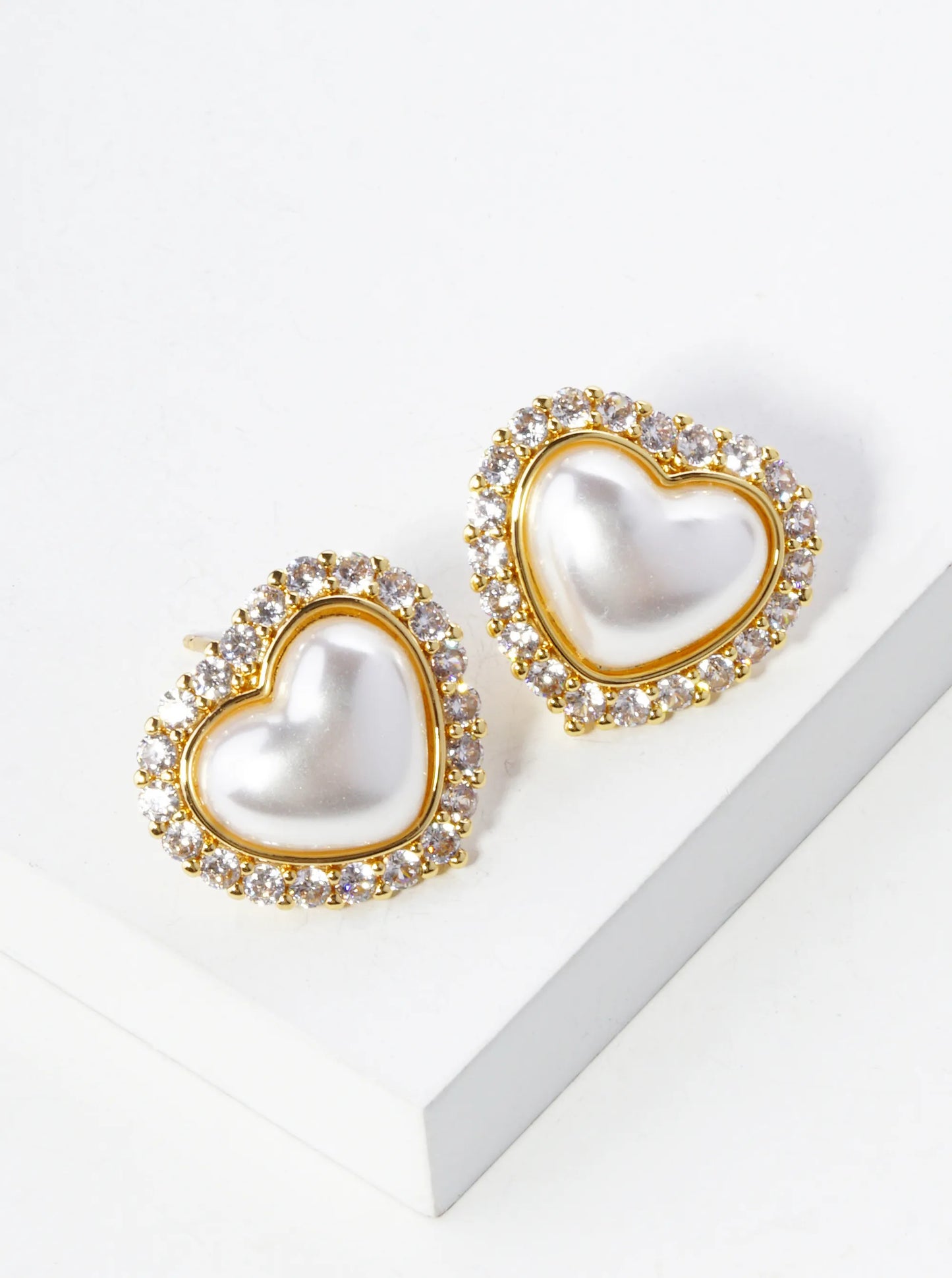 14K Gold Dipped Pave Set Cubic Zirconia Pearl Heart Stud Earrings