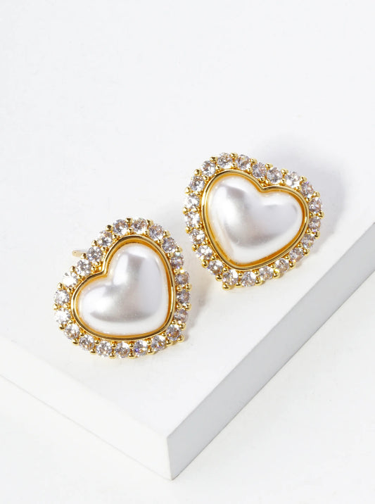 14K Gold Dipped Pave Set Cubic Zirconia Pearl Heart Stud Earrings