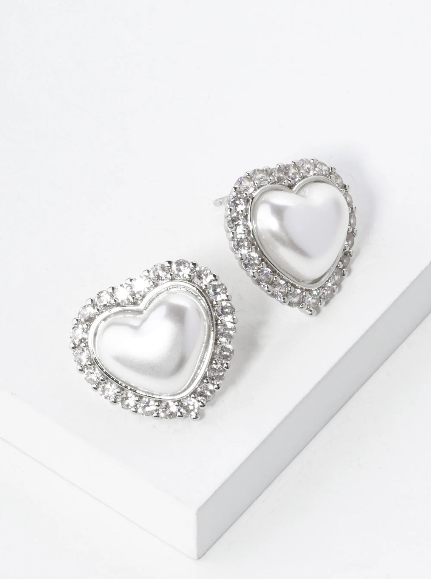 14K Gold Dipped Pave Set Cubic Zirconia Pearl Heart Stud Earrings