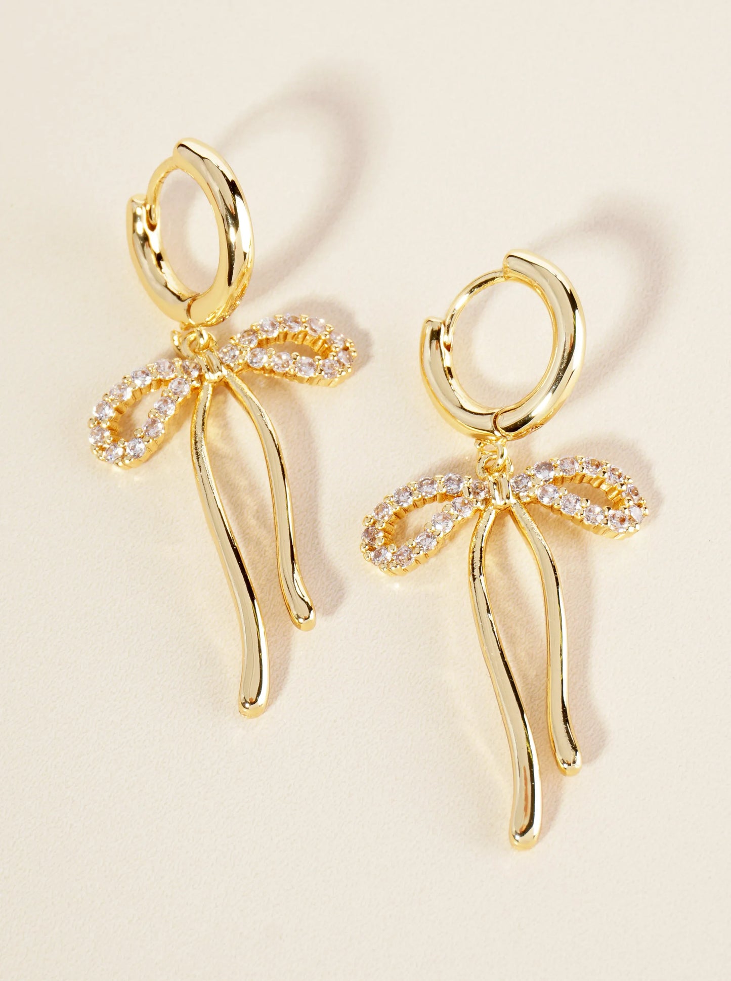 14K Gold Dipped Pave Set Cubic Zirconia Ribbon Bow Drop 10mm Huggie Earrings