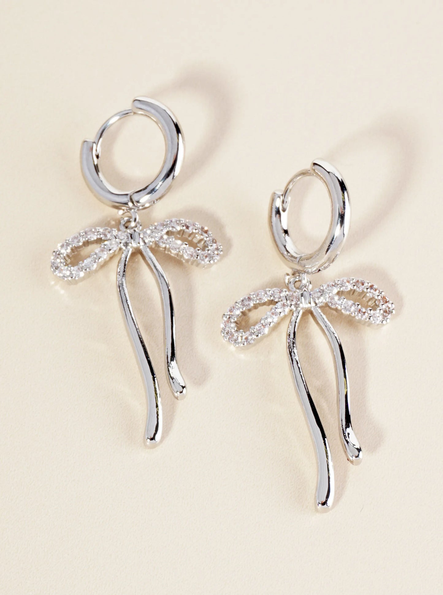 14K Gold Dipped Pave Set Cubic Zirconia Ribbon Bow Drop 10mm Huggie Earrings