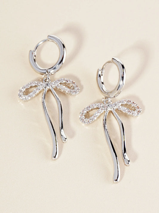 14K Gold Dipped Pave Set Cubic Zirconia Ribbon Bow Drop 10mm Huggie Earrings