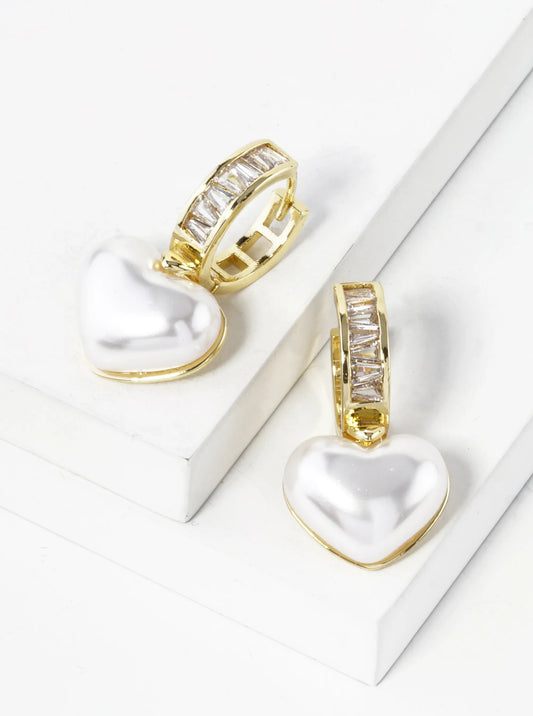 14K Gold Dipped Pearl Heart Drop 13mm Baguette Cubic Zirconia Huggie Hoop Earrings